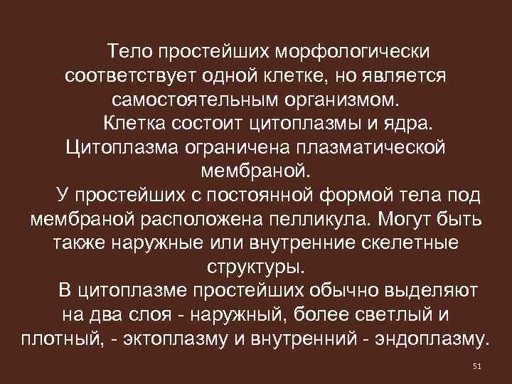 Тело простейших морфологически соответствует одной клетке, но является самостоятельным организмом. Клетка состоит цитоплазмы и