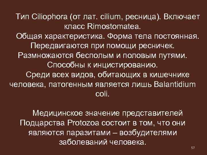 Тип Ciliophora (от лат. cilium, ресница). Включает класс Rimostomatea. Общая характеристика. Форма тела постоянная.