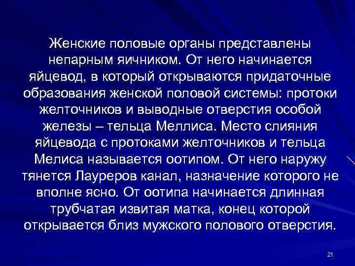 Женские половые органы представлены непарным яичником. От него начинается яйцевод, в который открываются придаточные