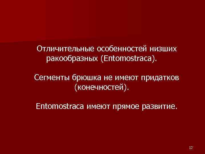 Отличительные особенностей низших ракообразных (Entomostraca). Сегменты брюшка не имеют придатков (конечностей). Entomostraca имеют прямое