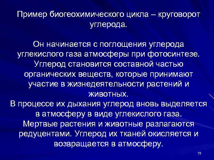 Пример биогеохимического цикла – круговорот углерода. Он начинается с поглощения углерода углекислого газа атмосферы