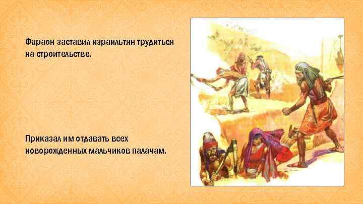 Фараон заставил израильтян трудиться на строительстве. Приказал им отдавать всех новорожденных мальчиков палачам. 