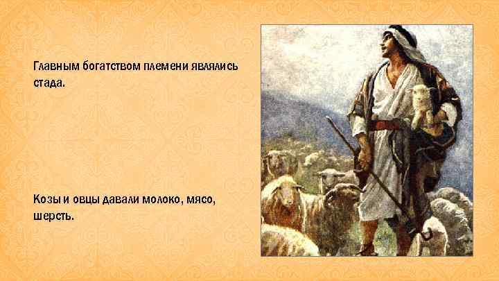Главным богатством племени являлись стада. Козы и овцы давали молоко, мясо, шерсть. 