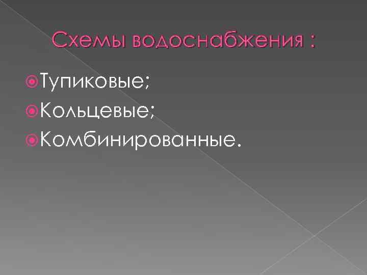 Схемы водоснабжения : Тупиковые; Кольцевые; Комбинированные. 