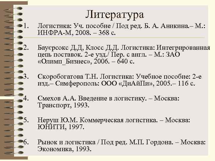 Литература 1. Логистика: Уч. пособие / Под ред. Б. А. Аникина. – М. :