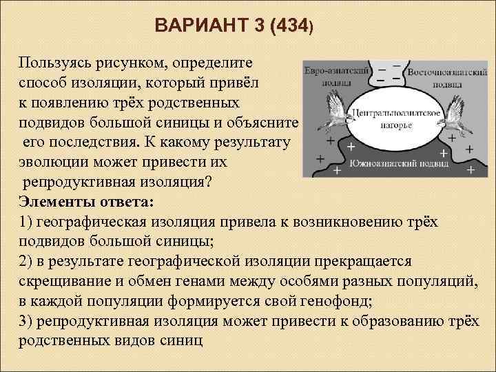 ВАРИАНТ 3 (434) Пользуясь рисунком, определите способ изоляции, который привёл к появлению трёх родственных