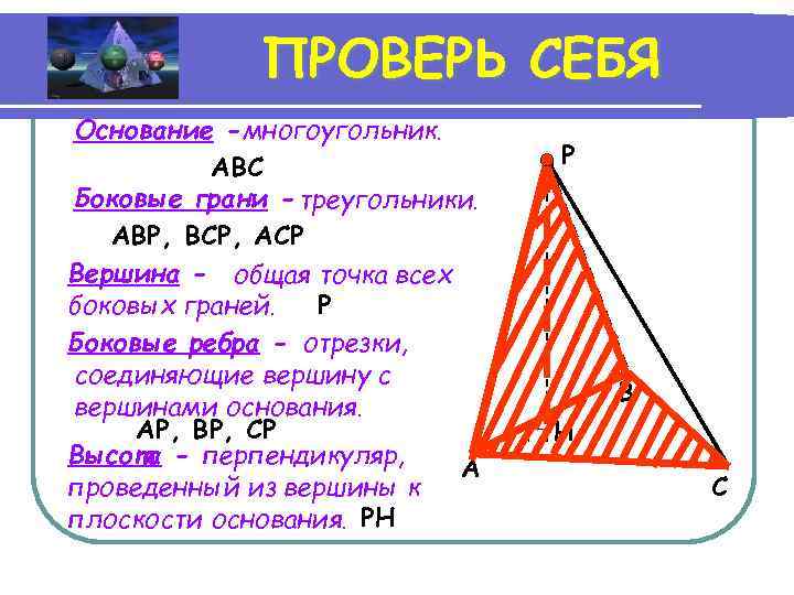 ПРОВЕРЬ СЕБЯ Основание - многоугольник. ABC Боковые грани - треугольники. ABP, BCP, ACP. Вершина