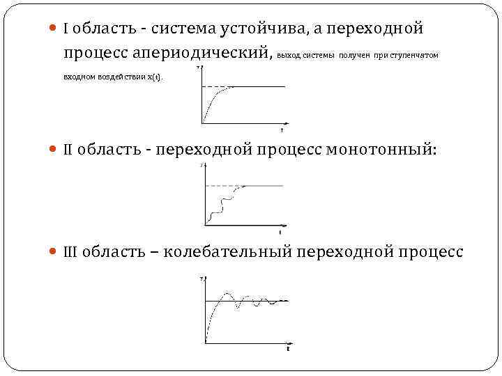  I область - система устойчива, а переходной процесс апериодический, выход системы получен при