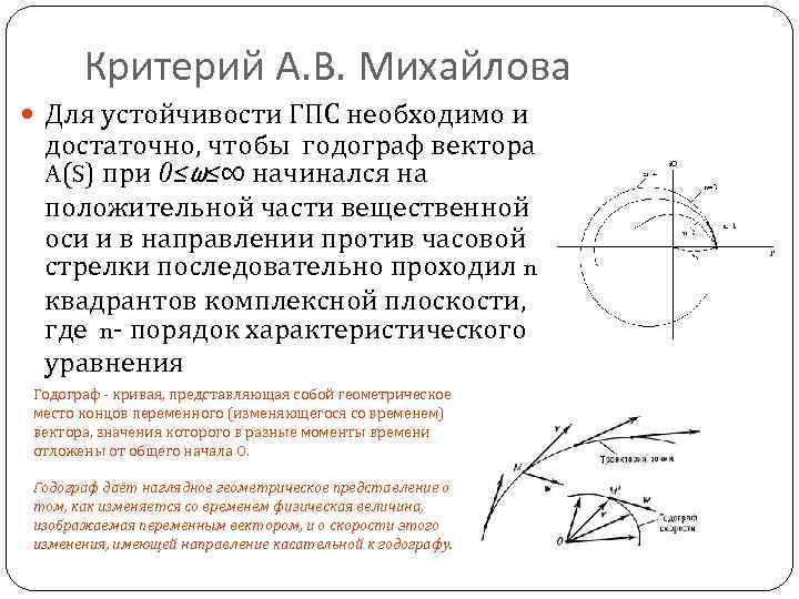 Критерий А. В. Михайлова Для устойчивости ГПС необходимо и достаточно, чтобы годограф вектора A(S)