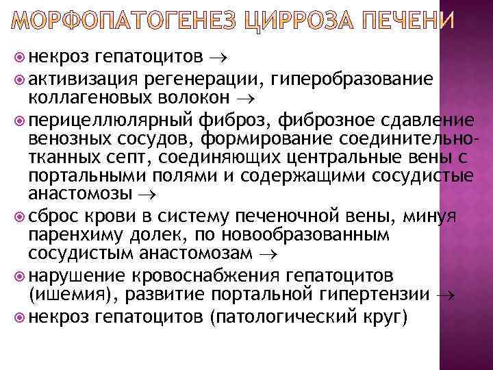 гепатоцитов активизация регенерации, гиперобразование коллагеновых волокон перицеллюлярный фиброз, фиброзное сдавление венозных сосудов, формирование соединительнотканных