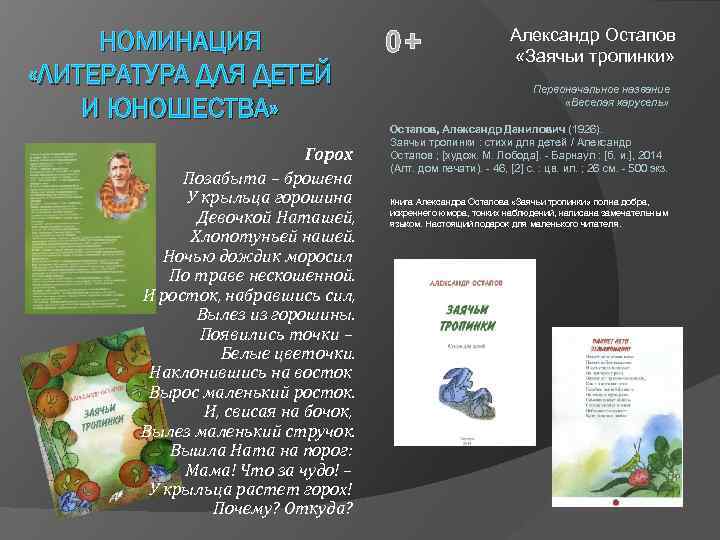 НОМИНАЦИЯ «ЛИТЕРАТУРА ДЛЯ ДЕТЕЙ И ЮНОШЕСТВА» Горох Позабыта – брошена У крыльца горошина Девочкой