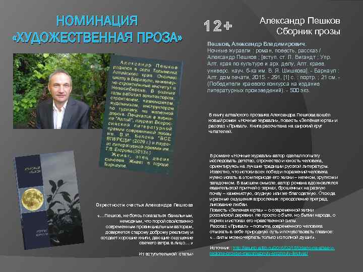 НОМИНАЦИЯ «ХУДОЖЕСТВЕННАЯ ПРОЗА» 12+ Александр Пешков Сборник прозы Пешков, Александр Владимирович. Ночные журавли :