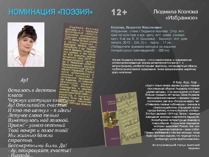 НОМИНАЦИЯ «ПОЭЗИЯ» 12+ Людмила Козлова «Избранное» Козлова, Людмила Максимовна. Избранное : стихи / Людмила