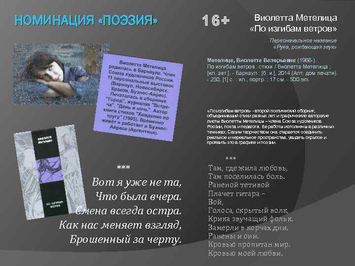 НОМИНАЦИЯ «ПОЭЗИЯ» 16+ Виолетта Метелица «По изгибам ветров» Первоначальное название «Рука, рождающая звук» Метелица,