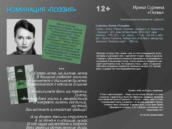 НОМИНАЦИЯ «ПОЭЗИЯ» 12+ Ирина Сурнина «Оклик» Первоначальное название «Домой» Сурнина, Ирина Юрьевна. Оклик :