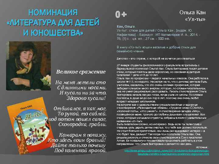 НОМИНАЦИЯ «ЛИТЕРАТУРА ДЛЯ ДЕТЕЙ И ЮНОШЕСТВА» 0+ Ольга Кан «Ух-ты» Кан, Ольга. Ух-ты! :