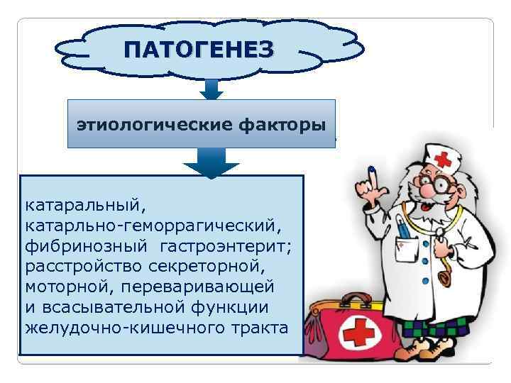 ПАТОГЕНЕЗ этиологические факторы катаральный, катарльно-геморрагический, фибринозный гастроэнтерит; расстройство секреторной, моторной, переваривающей и всасывательной функции