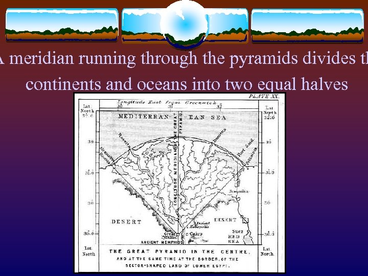 A meridian running through the pyramids divides th continents and oceans into two equal