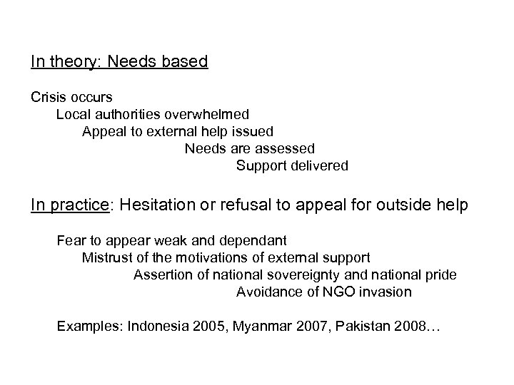 In theory: Needs based Crisis occurs Local authorities overwhelmed Appeal to external help issued