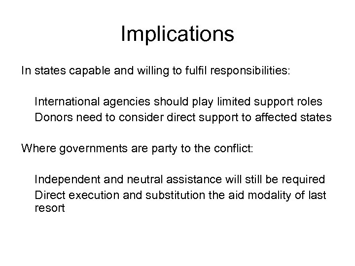 Implications In states capable and willing to fulfil responsibilities: International agencies should play limited