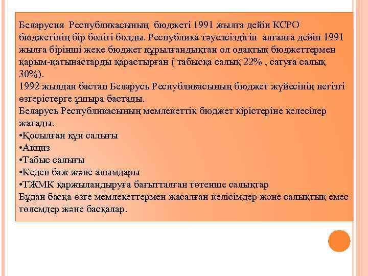 Беларусия Республикасының бюджеті 1991 жылға дейін КСРО бюджетінің бір бөлігі болды. Республика тәуелсіздігін алғанға