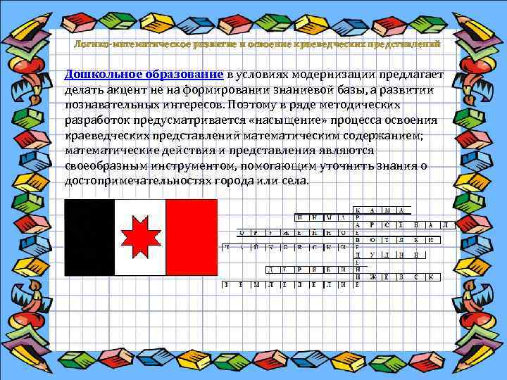  Логико-математическое развитие и освоение краеведческих представлений Дошкольное образование в условиях модернизации предлагает делать