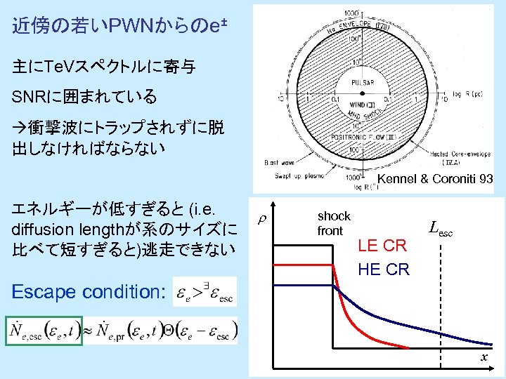 近傍の若いPWNからのe± 主にTe. Vスペクトルに寄与 SNRに囲まれている 衝撃波にトラップされずに脱 出しなければならない Kennel & Coroniti 93 エネルギーが低すぎると (i. e. diffusion