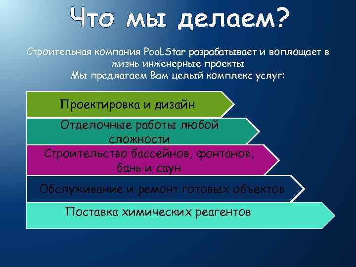 Что мы делаем? Строительная компания Poo. LStar разрабатывает и воплощает в жизнь инженерные проекты