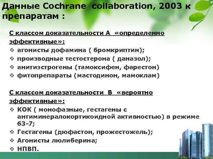 Данные Cochrane collaboration, 2003 к препаратам : С классом доказательности А «определенно эффективные» :