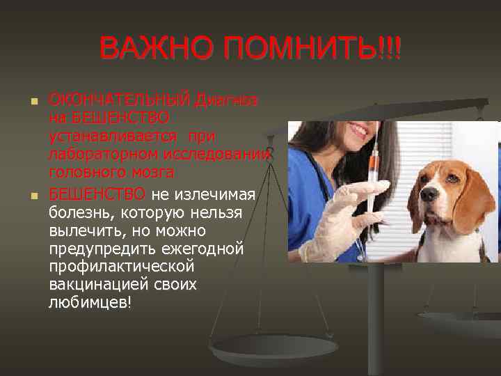 ВАЖНО ПОМНИТЬ!!! ОКОНЧАТЕЛЬНЫЙ Диагноз на БЕШЕНСТВО устанавливается при лабораторном исследовании головного мозга БЕШЕНСТВО не