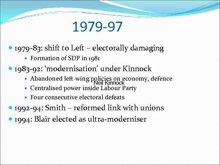 1979 -97 1979 -83: shift to Left – electorally damaging Formation of SDP in