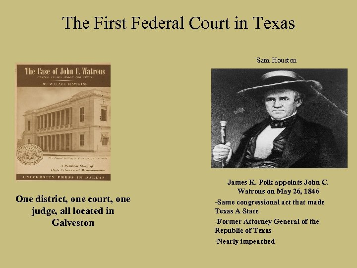 The First Federal Court in Texas Sam Houston One district, one court, one judge,