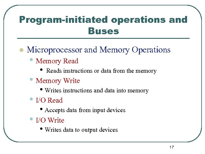 Program-initiated operations and Buses l Microprocessor and Memory Operations • Memory Read • Reads