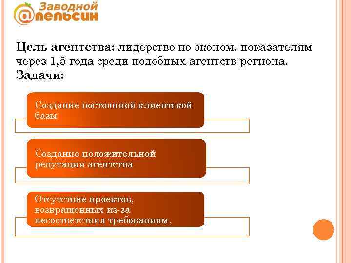 Цель агентства: лидерство по эконом. показателям через 1, 5 года среди подобных агентств региона.