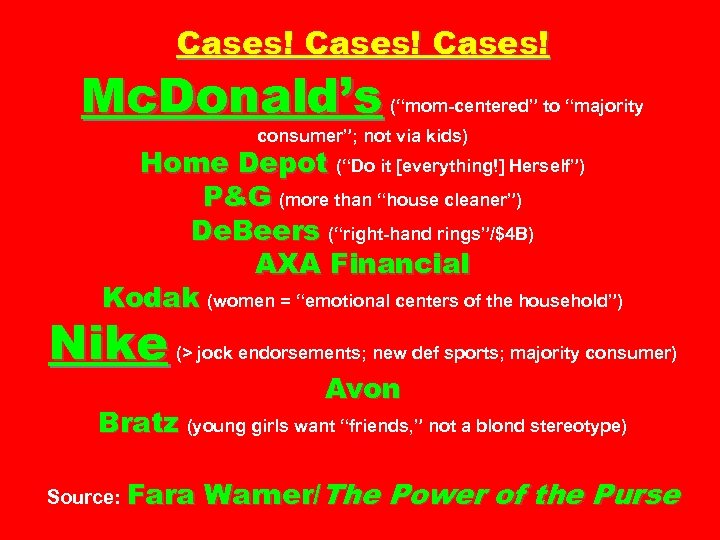 Cases! Mc. Donald’s (“mom-centered” to “majority consumer”; not via kids) Home Depot (“Do it