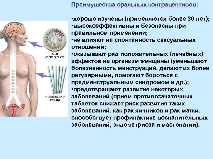 Преимущества оральных контрацептивов: • хорошо изучены (применяются более 30 лет); • высокоэффективны и безопасны