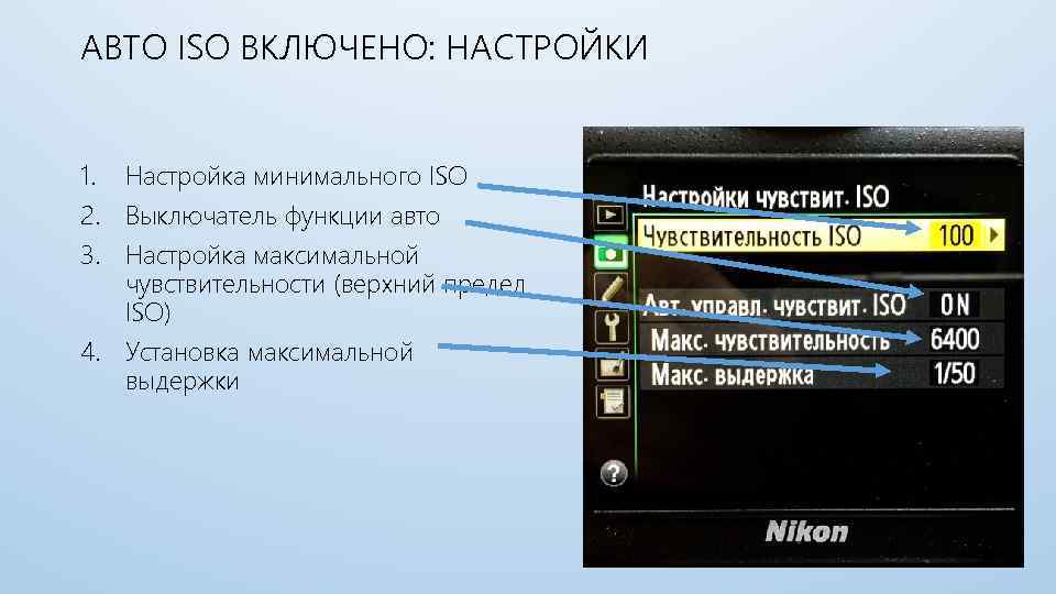 АВТО ISO ВКЛЮЧЕНО: НАСТРОЙКИ 1. Настройка минимального ISO 2. Выключатель функции авто 3. Настройка