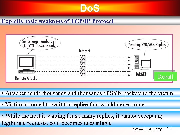 Do. S Exploits basic weakness of TCP/IP Protocol Recall • Attacker sends thousands and