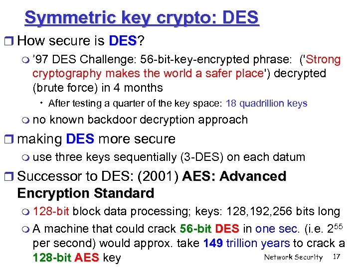 Symmetric key crypto: DES How secure is DES? DES ’ 97 DES Challenge: 56