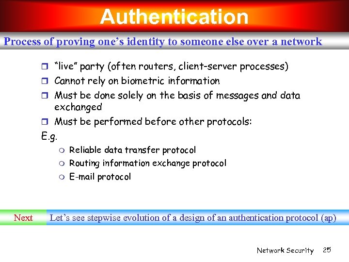 Authentication Process of proving one’s identity to someone else over a network “live” party