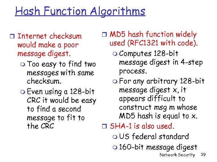 Hash Function Algorithms Internet checksum MD 5 hash function widely used (RFC 1321 with