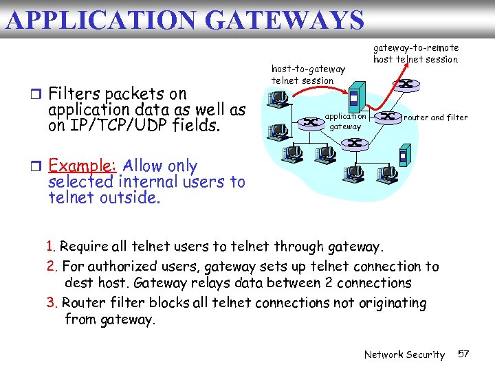 APPLICATION GATEWAYS Filters packets on application data as well as on IP/TCP/UDP fields. gateway-to-remote