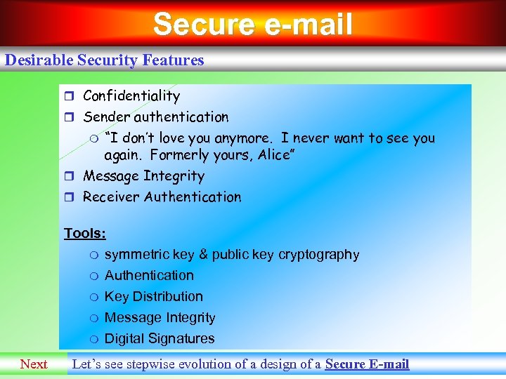 Secure e-mail Desirable Security Features Confidentiality Sender authentication “I don’t love you anymore. I