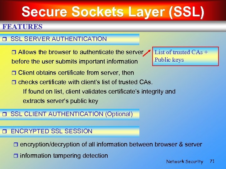 Secure Sockets Layer (SSL) FEATURES SSL SERVER AUTHENTICATION Allows the browser to authenticate the