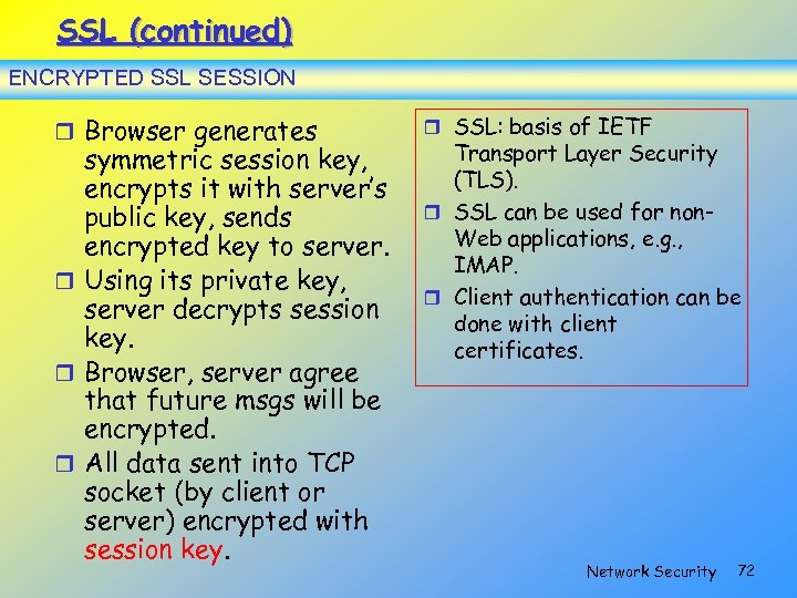 SSL (continued) ENCRYPTED SSL SESSION Browser generates symmetric session key, encrypts it with server’s