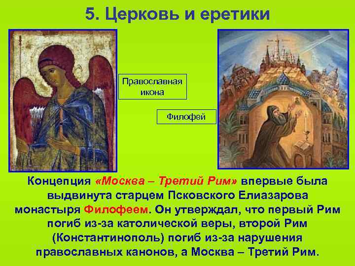 5. Церковь и еретики Православная икона Филофей Концепция «Москва – Третий Рим» впервые была