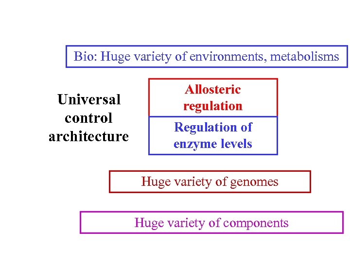 Bio: Huge variety of environments, metabolisms Universal control architecture Allosteric regulation Regulation of enzyme