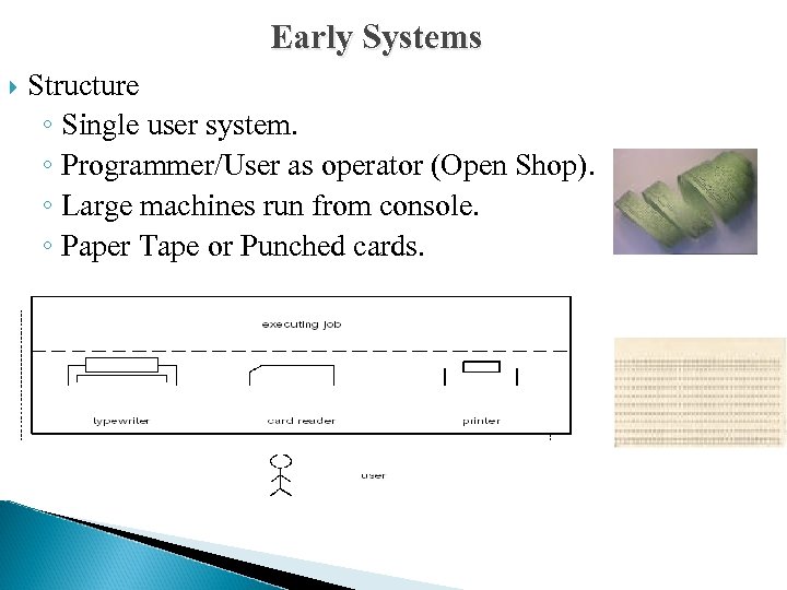 Early Systems Structure ◦ Single user system. ◦ Programmer/User as operator (Open Shop). ◦