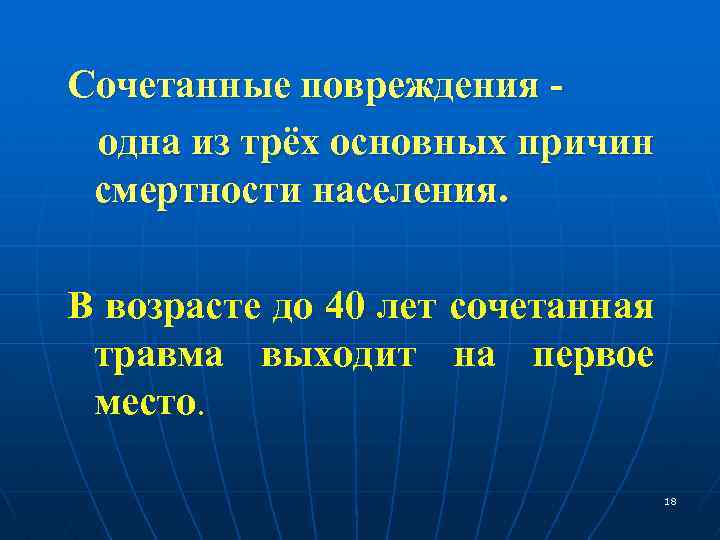 Сочетанные повреждения одна из трёх основных причин смертности населения. В возрасте до 40 лет