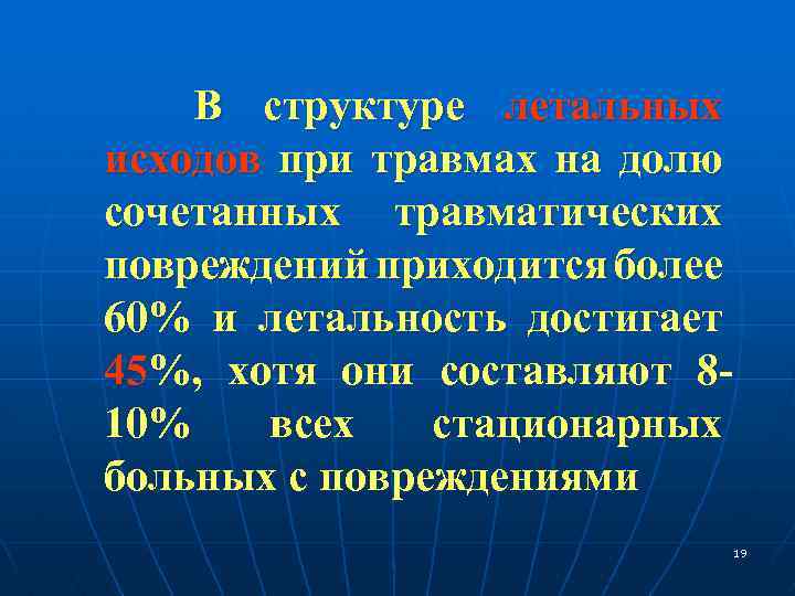 В структуре летальных исходов при травмах на долю сочетанных травматических повреждений приходится более 60%